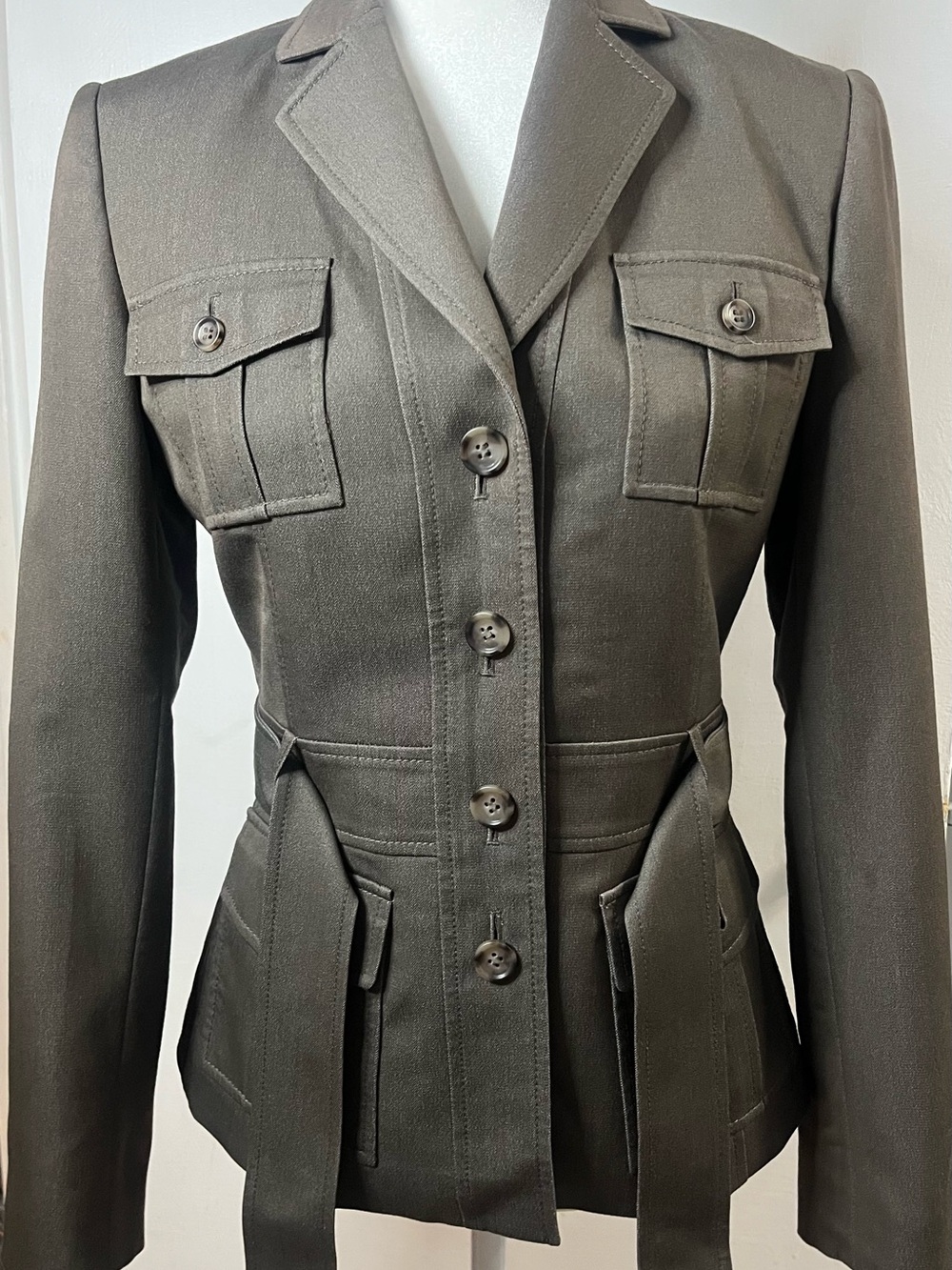 Tahari Olive Green Utility Jacket with Waist Ties